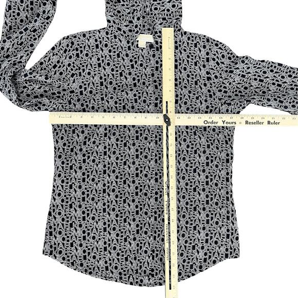 Michael Kors Black White Lettering Viscose Blend Tie-Neck Blouse size XS *GOOD* - Picture 3 of 12